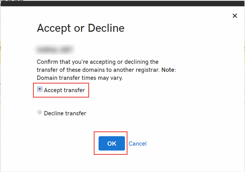 Accepting transfer of a domain
