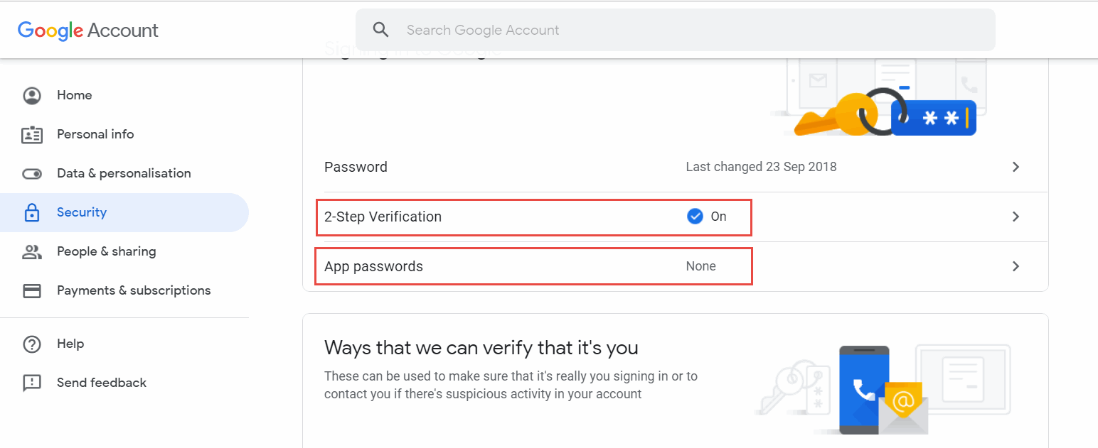 Google account security tab