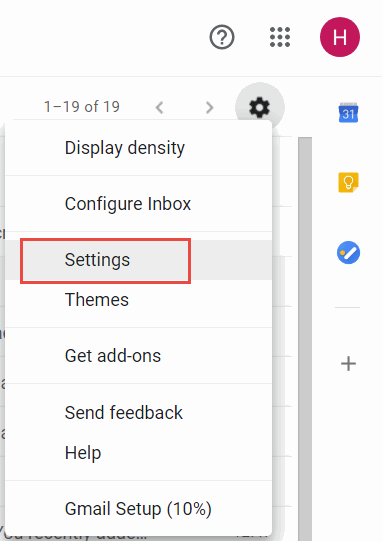 Opening Gmail settings page