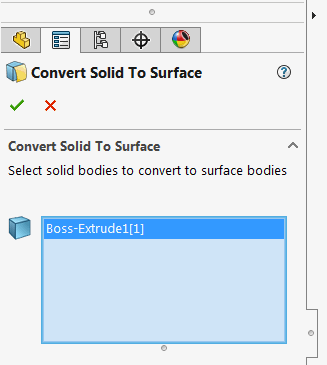 Convert solid body to surface body property manager page