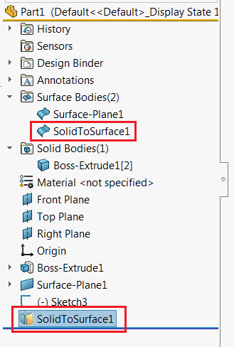 Solid to surface feature in the feature manager tree