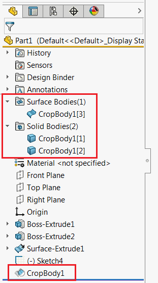 Crop bodies feature in the feature manager tree