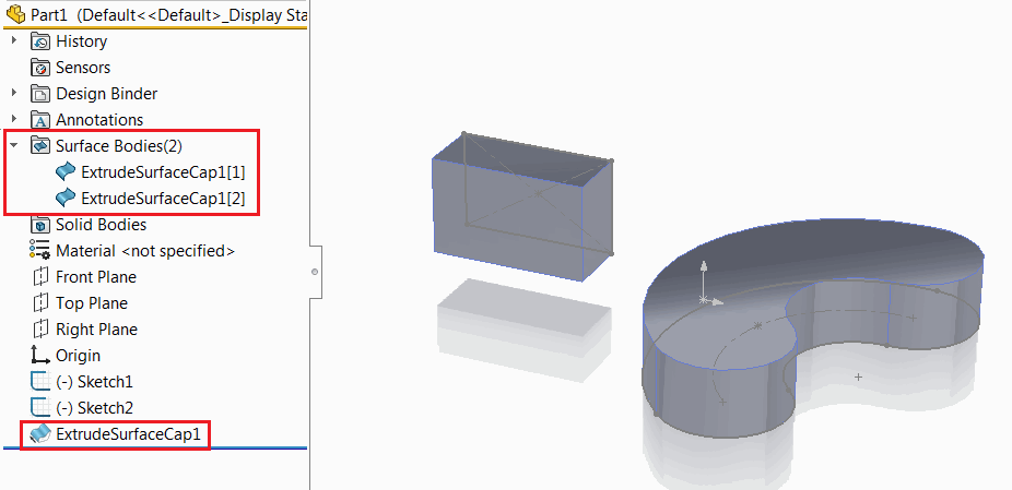 Extruded surface with cap feature in the feature manager tree