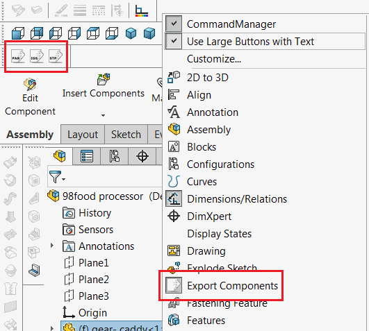 Commands displayed in the SOLIDWORKS toolbar