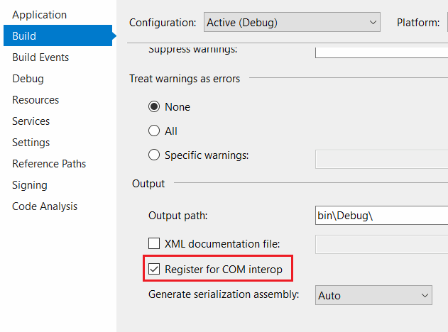 Register for COM Interop option in C# project