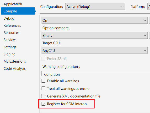 Register for COM Interop option in VB.NET project
