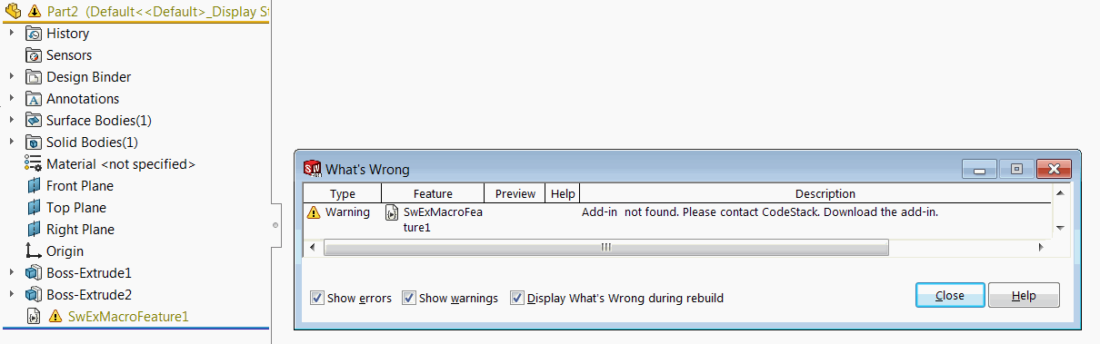 Rebuild error message for unregistered macro feature