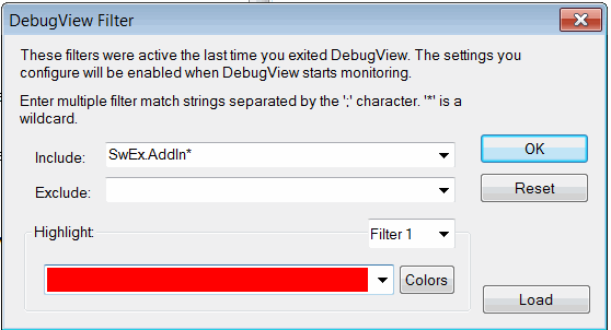 Trace settings filter in the DebugView utility