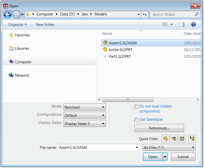 SOLIDWORKS file open dialog