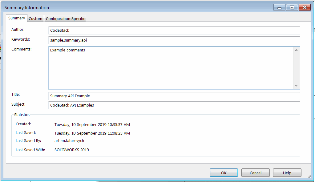 Summary Information of SOLIDWORKS file