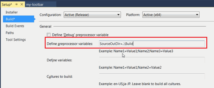 Defining the preprocessor variable in WiX project