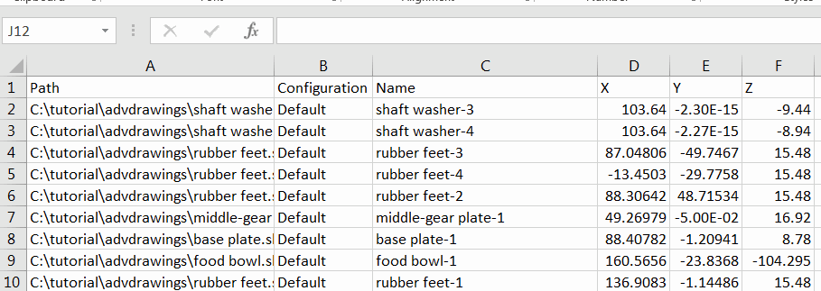 Exported positions of components in Excel