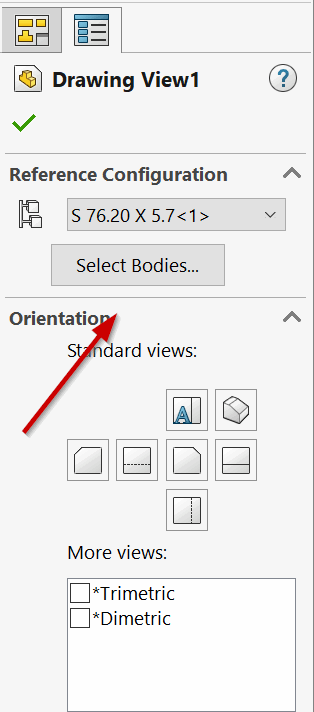 Select bodies feature in the drawing view
