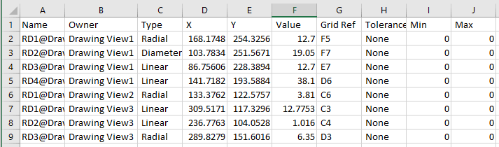 Dimensions information opened in Excel