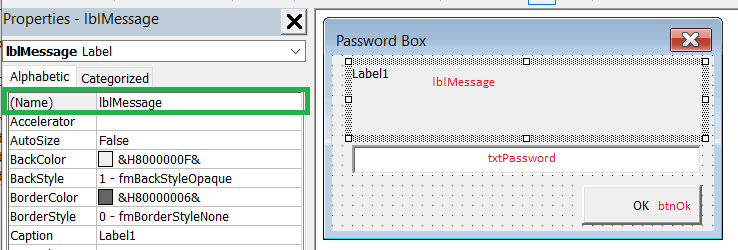 Controls in password box user form
