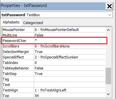 Password char in text box control