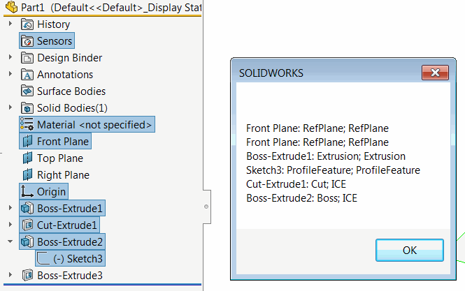 Type names of selected features shown in the message box