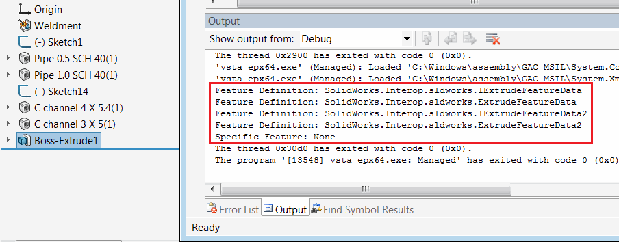 Type of specific feature and feature definition of selected feature output to the window