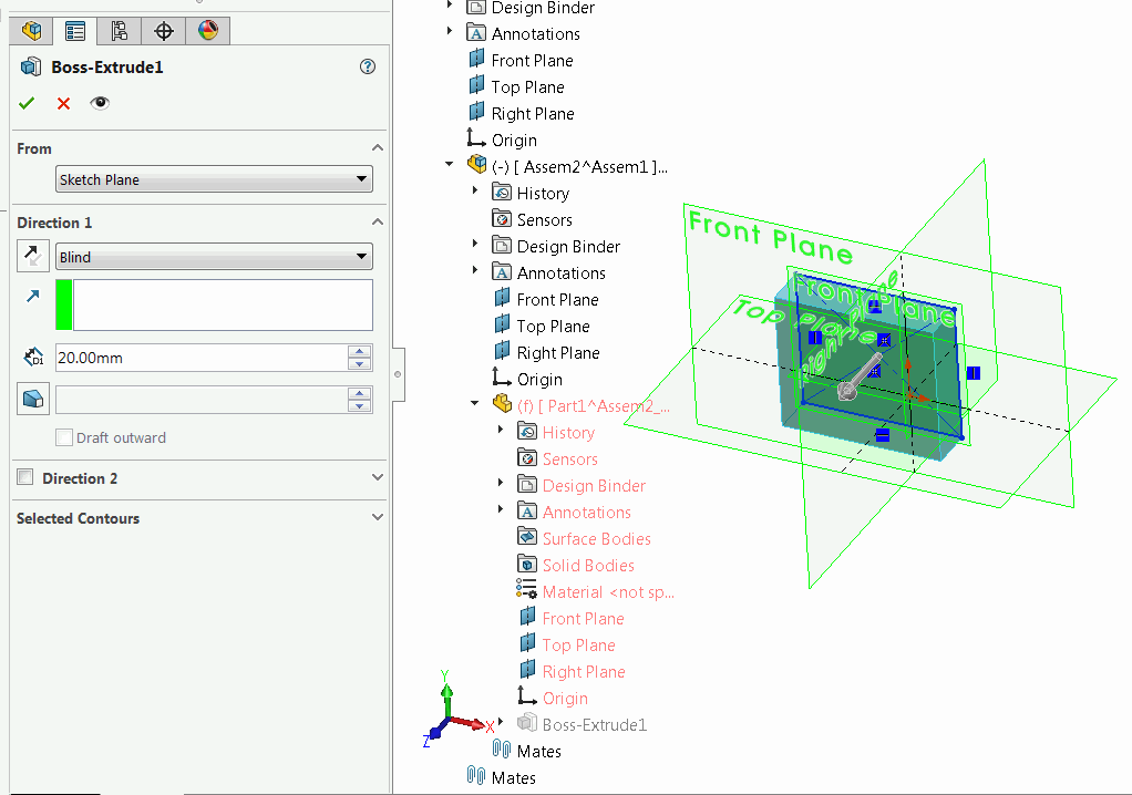 Boss-Extrude feature is editing in the context of the assembly