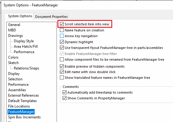 Scroll selected item into view option in SOLIDWORKS settings