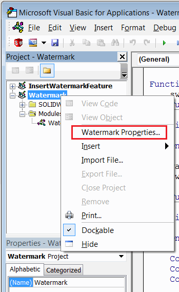 Properties command in the context menu of VBA macro