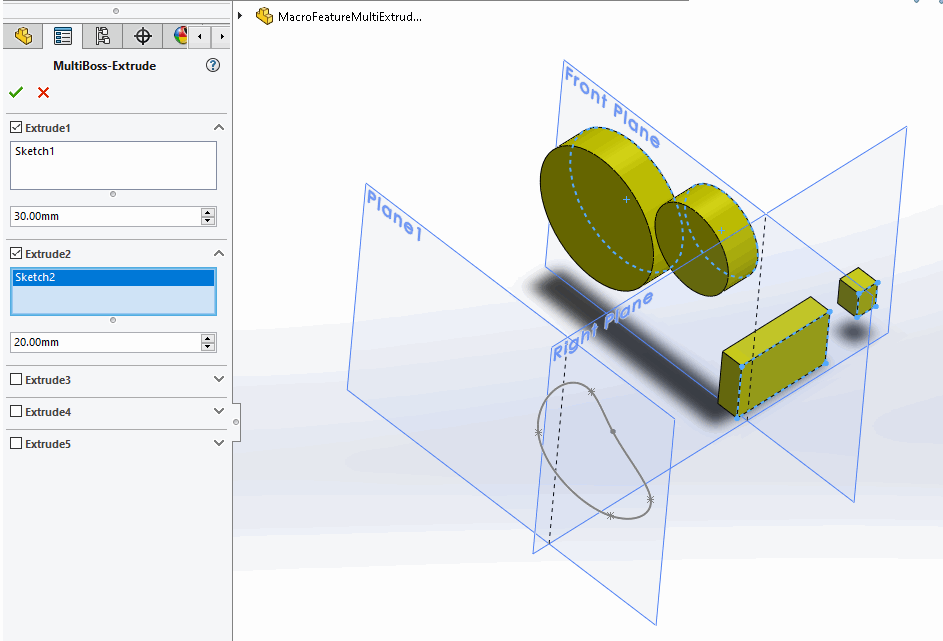 Property Manager Page and preview for MultiBoss-Extrude Macro Feature