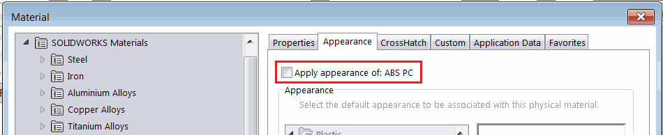 Apply Appearance option in Edit material dialog