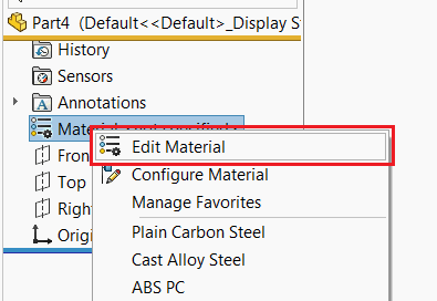 Edit material menu command in SOLIDWORKS part