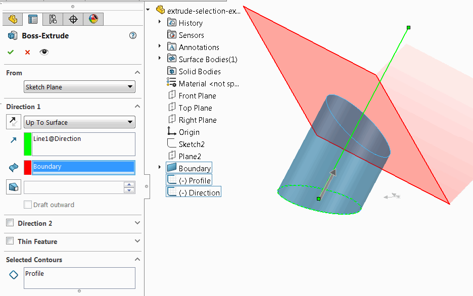 Extruded sketch arc up to the planar surface following the line direction