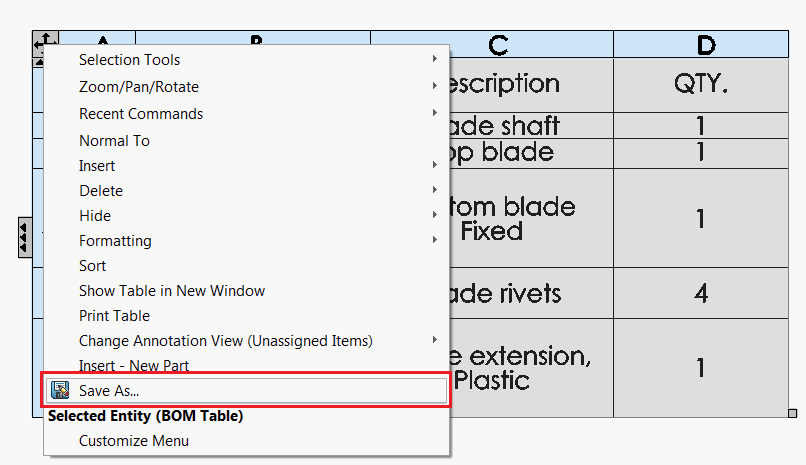 Save As option for tables