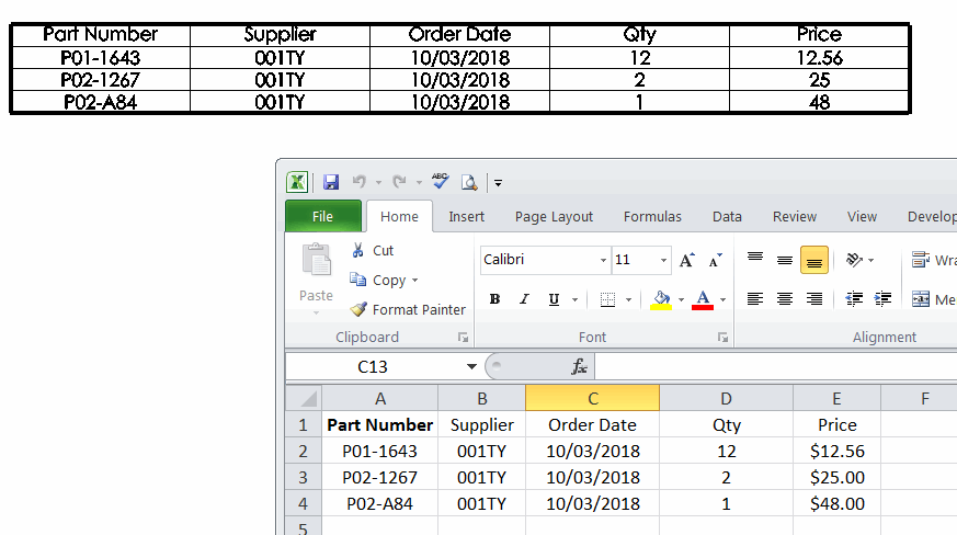 Excel table with purchase order data imported into SOLIDWORKS General Table