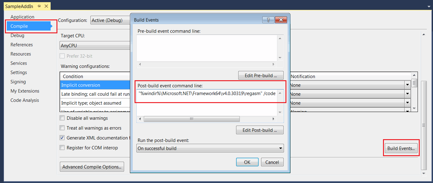Post build event to register dll as a COM object