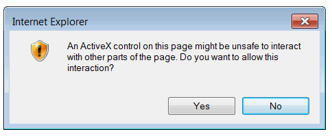Warning message regarding the ActiveX content
