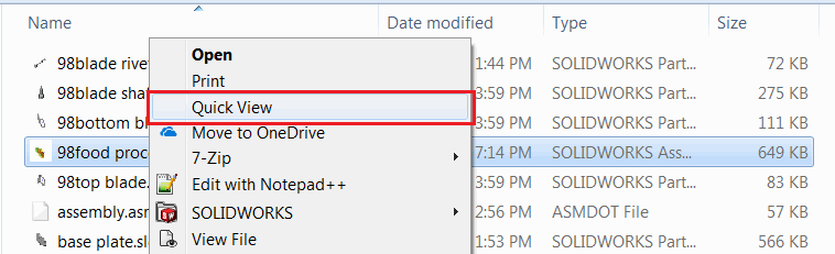Quick View context menu when assembly is selected