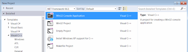 Selecting the Win32 Console Application C++ project template