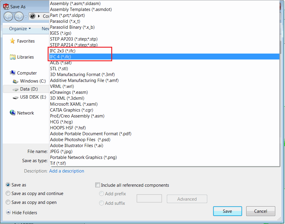 Save As Dialog with 2 ifc format options
