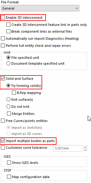 Options used to import STEP files