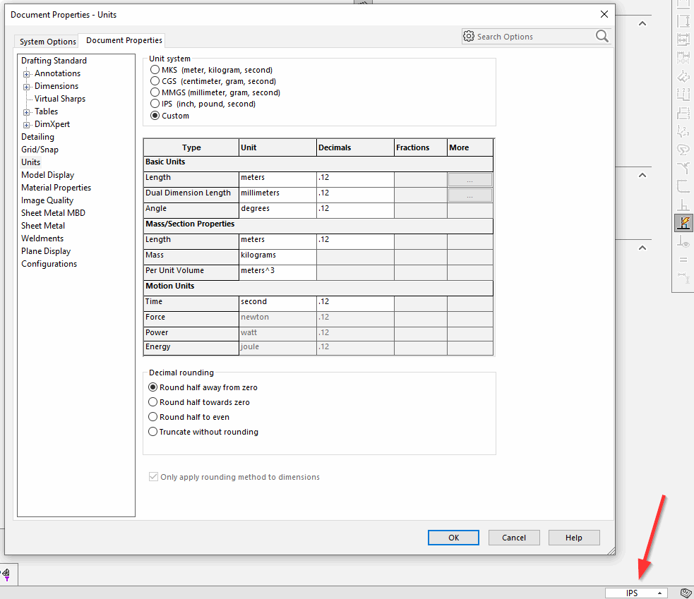 solidworks how to change units