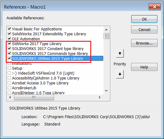 Required SOLIDWORKS type libraries