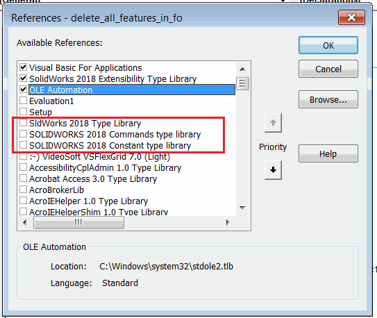 SOLIDWORKS Type Libraries in the VBA References dialog