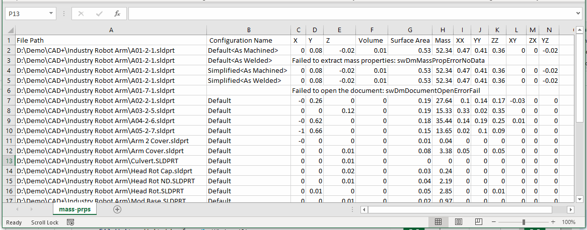 Mass properties in the CSV file