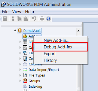 Debug add-in command in the Administration Panel