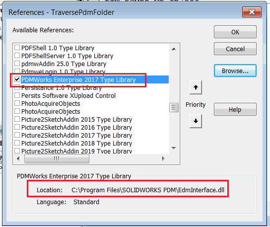 Adding SOLIDWORKS PDM Type Library to the macro references