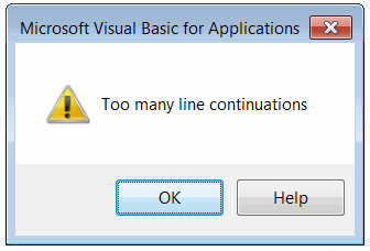 Too many line continuations error in VBA