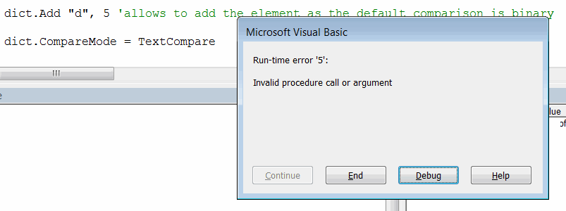 Run-time error '5': Invalid procedure call or argument when changing the compare mode of dictionary objects with elements