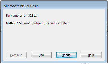 Run-time error '32811': Method Remove of object 'IDictionary' failed when removing non-existent element