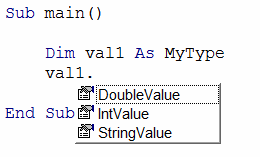Properties of the user defined type displayed in the intelli-sense