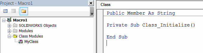 MyClass class module is added to the Visual Basic project